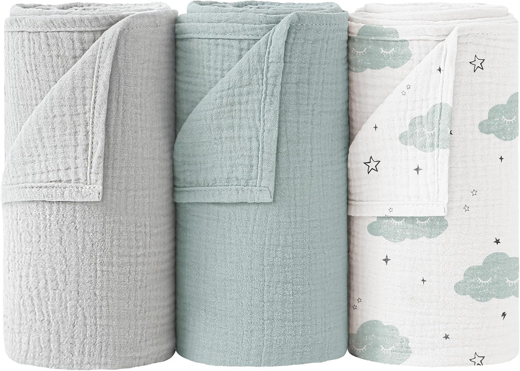 Bearmoss Muslin Swaddle Blankets - Soft & Breathable Baby Blankets | 40 x 38 Inches, 3 Pack (Cloud)