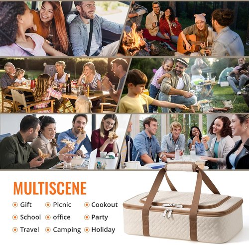 Insulated Casserole Carrier - Portable Hot & Cold Food Holder for Parties | Fits 9" x 13" Dish (Beige)