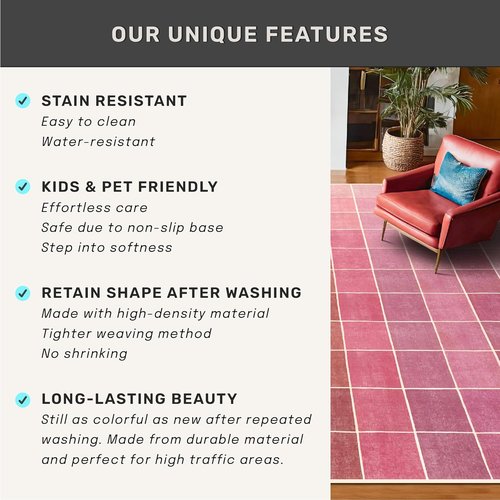 **Regine Switzerland Mid Century Modern Ombre Pink Checkered Rug - Washable 2x3 Small Area Rug for Entryway & Kitchen**