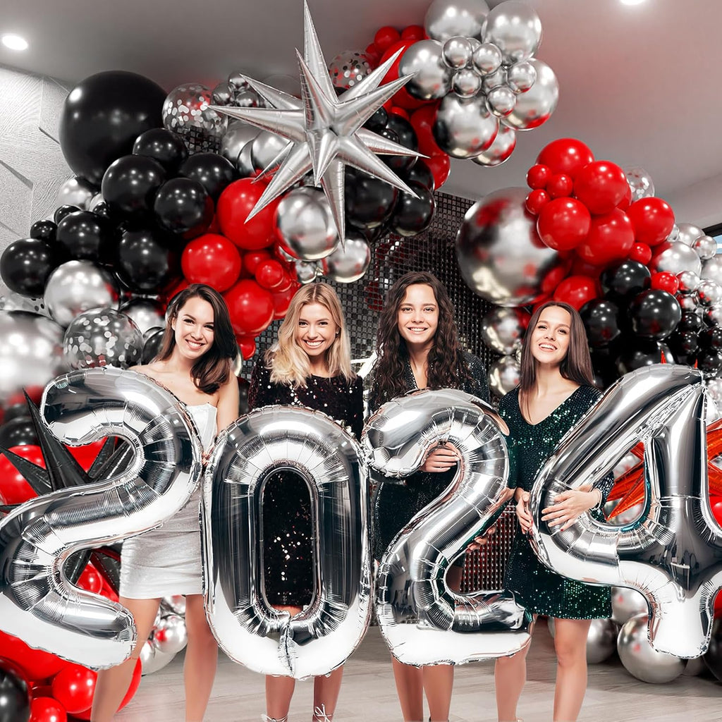 Red & Black Balloon Arch Kit - 3 Star Balloons & Garland for Birthday, Graduation, New Year Celebrations