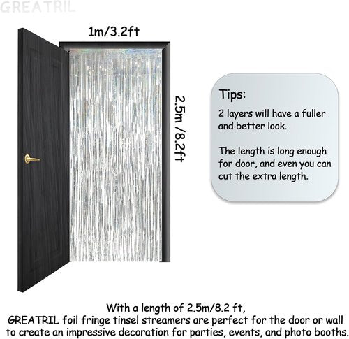 GREATRIL Silver Foil Fringe Tinsel Backdrop | Metallic Streamers for NYE, Prom & Parties - 2 Pack