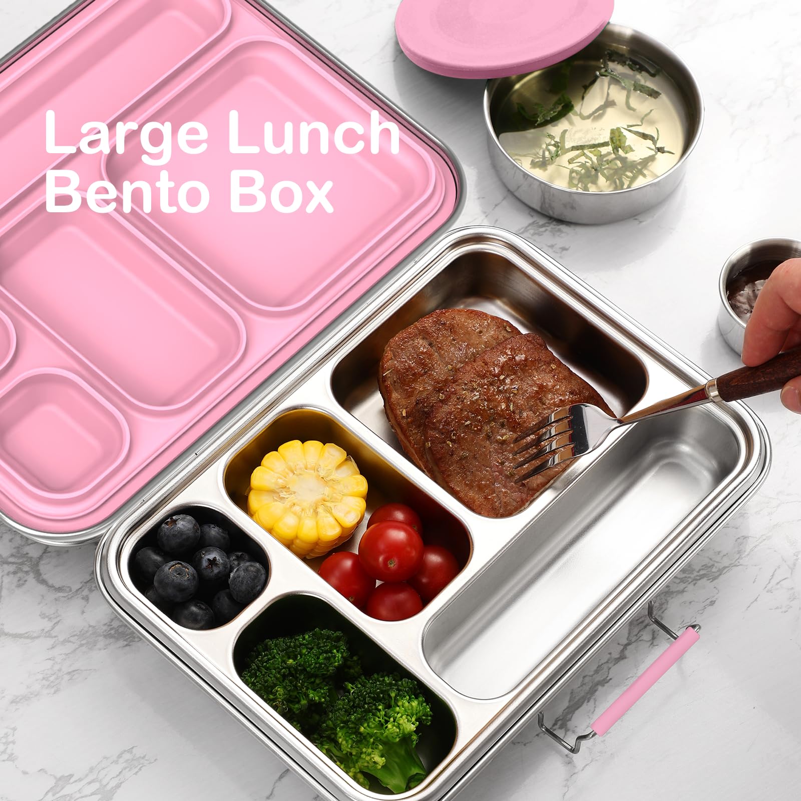 TOURPOR Stainless Steel Bento Box for Adults & Kids, 5-Compartment Lunch Box with 2 Sauce Containers, BPA-Free Bento Lunch Container, Dishwasher Safe, School & Work Meal Prep Lunch Container (Pink)