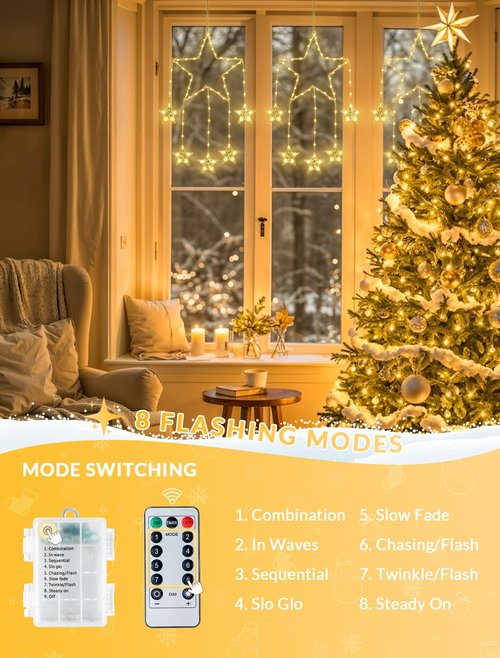 Qunlight 73LED Christmas Window Lights,2 Pack 12IN Star Fairy Lights with 8 Modes Timer,Hanging Silhouette Twinkle Light for Wall,Bedroom,Indoor Outdoor,Party,Xmas,Holiday Decorations,Warm White