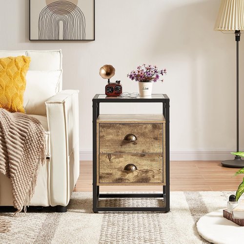 VECELO Bedside End Table, Modern Nightstand with Drawer, Night Stand for Living Room Bedroom, Tempered Glass, Grey