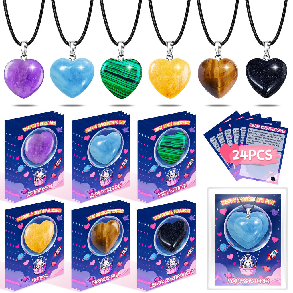 Valentines Day Cards for Kids School with Heart Gemstone Necklaces, Valentines Exchange Gifts Bulk with 24-Pack Unique Gemstone Heart Crystals, Classroom Valentine Party Favors with Goody Bag
