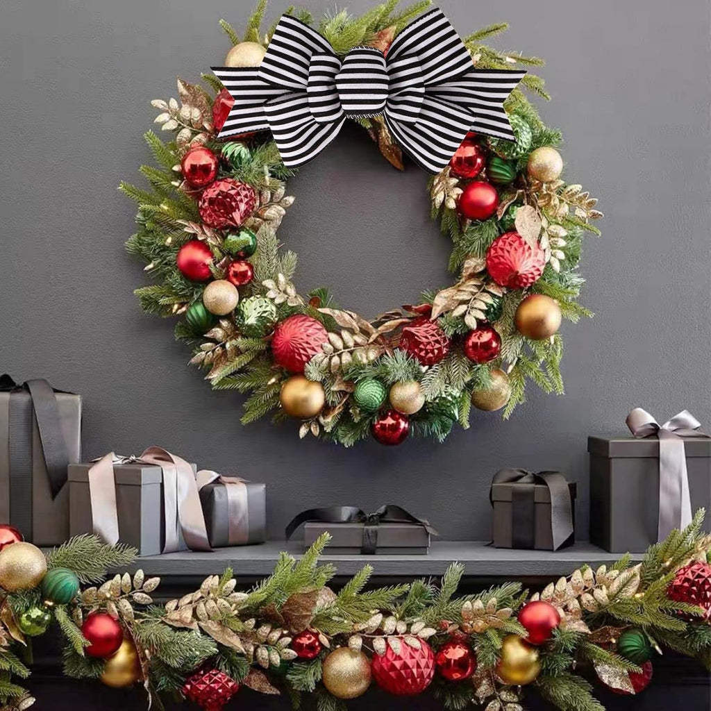 Meseey Christmas Burlap Bow Set - Handmade Decorative Large Bows for Wreaths & Tree Decor | Black & White Stripe