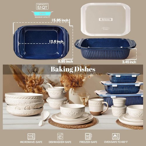 Artena Baking Dish - 5.1 Quart Casserole Dish With Handles - Deep Rectangular White Ceramic Bakeware, Blue