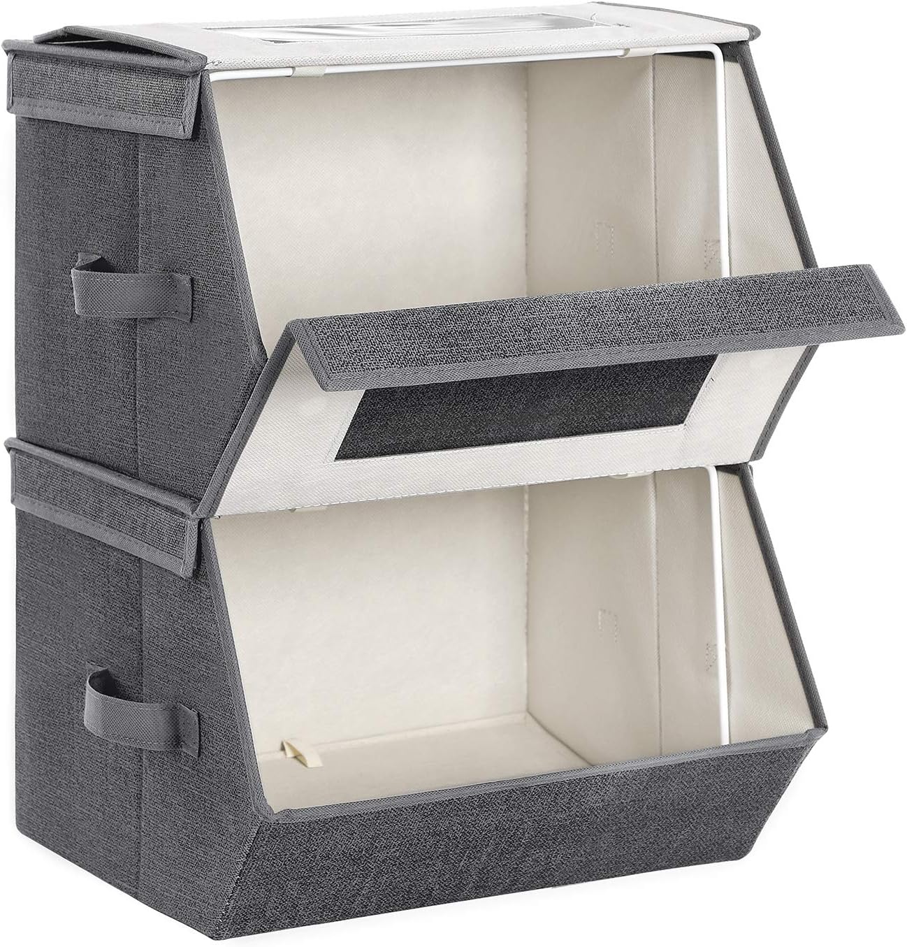 SONGMICS Stackable Storage Bins - Set of 2 Non-Woven Fabric Organizers with Lids & Front Windows | Dark Gray