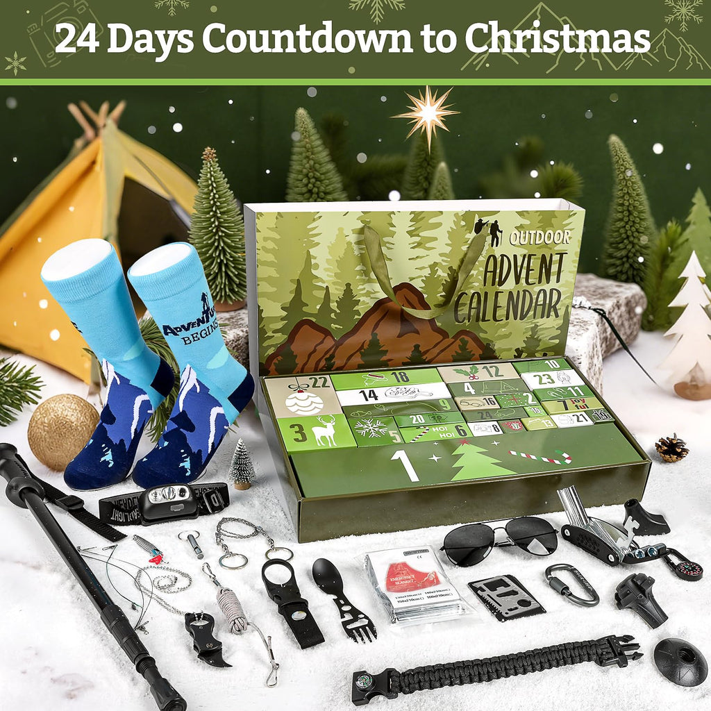 MOVINPE Outdoor Camping Gear Advent Calendar 2025, 24 Days of Camping & Hiking Essentials for Men & Teenage Boys – Outdoor Adventure Christmas Countdown Gifts