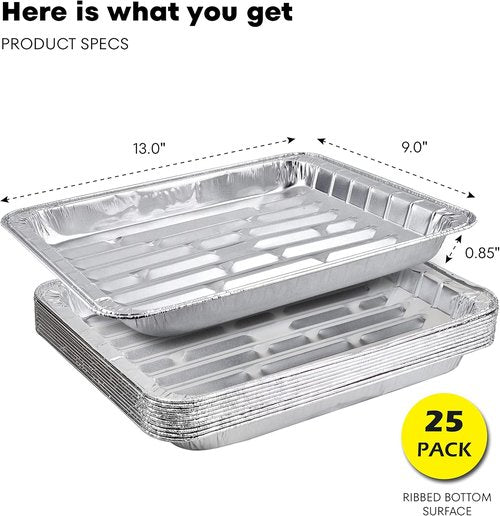 Aluminum Broiler Pans by [Brand Name] - Durable Disposable BBQ Grill Trays | Pack of 25 - 13.40" x 9" x 0.85"