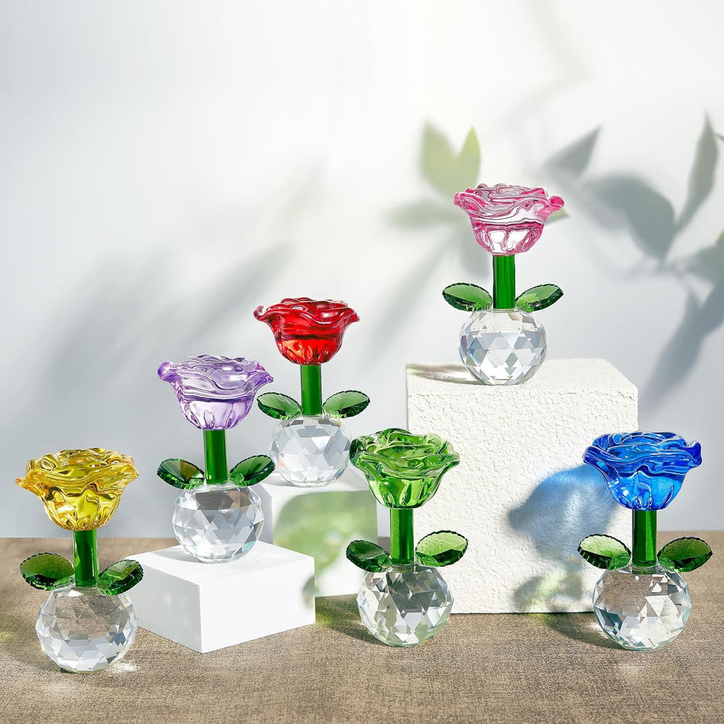 Regine Switzerland Crystal Glass Rose Flowers Figurines - Colorful Blown Glass Centerpieces | Set of 6 (3.5in)
