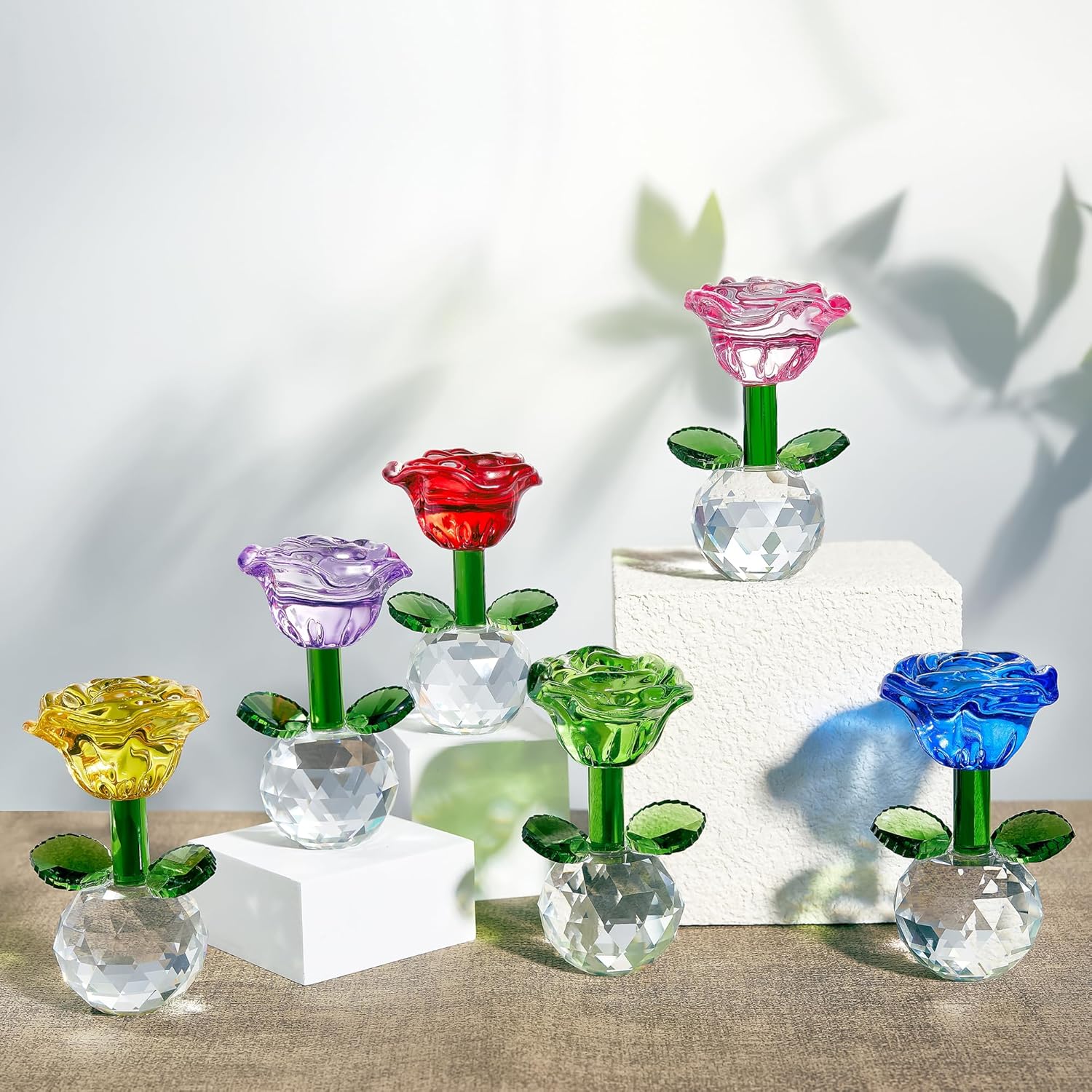 Regine Switzerland Crystal Glass Rose Flowers Figurines - Colorful Blown Glass Centerpieces | Set of 6 (3.5in)