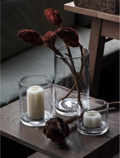 ARIAMOTION Hurricane Candle Holders - Hand Blown Glass Cylinder Vases | Clear Seeded Bubbles - Set of 3 (10", 7", 4")