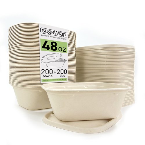 SugaWrap Disposable 48oz Food Containers with Lids (200 Bowls + 200 Lids) Eco-Friendly Biodegradable Bamboo & Sugarcane, Sturdy & Leak Resistant, Freezer & Microwave Safe for Hot & Cold (48 oz)