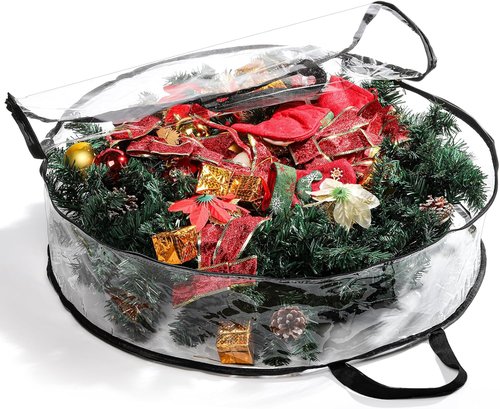Hedume Wreath Storage Bag - 30" X 8" Clear Container with Dual Zipper and Reinforced Handle for Holiday Decor