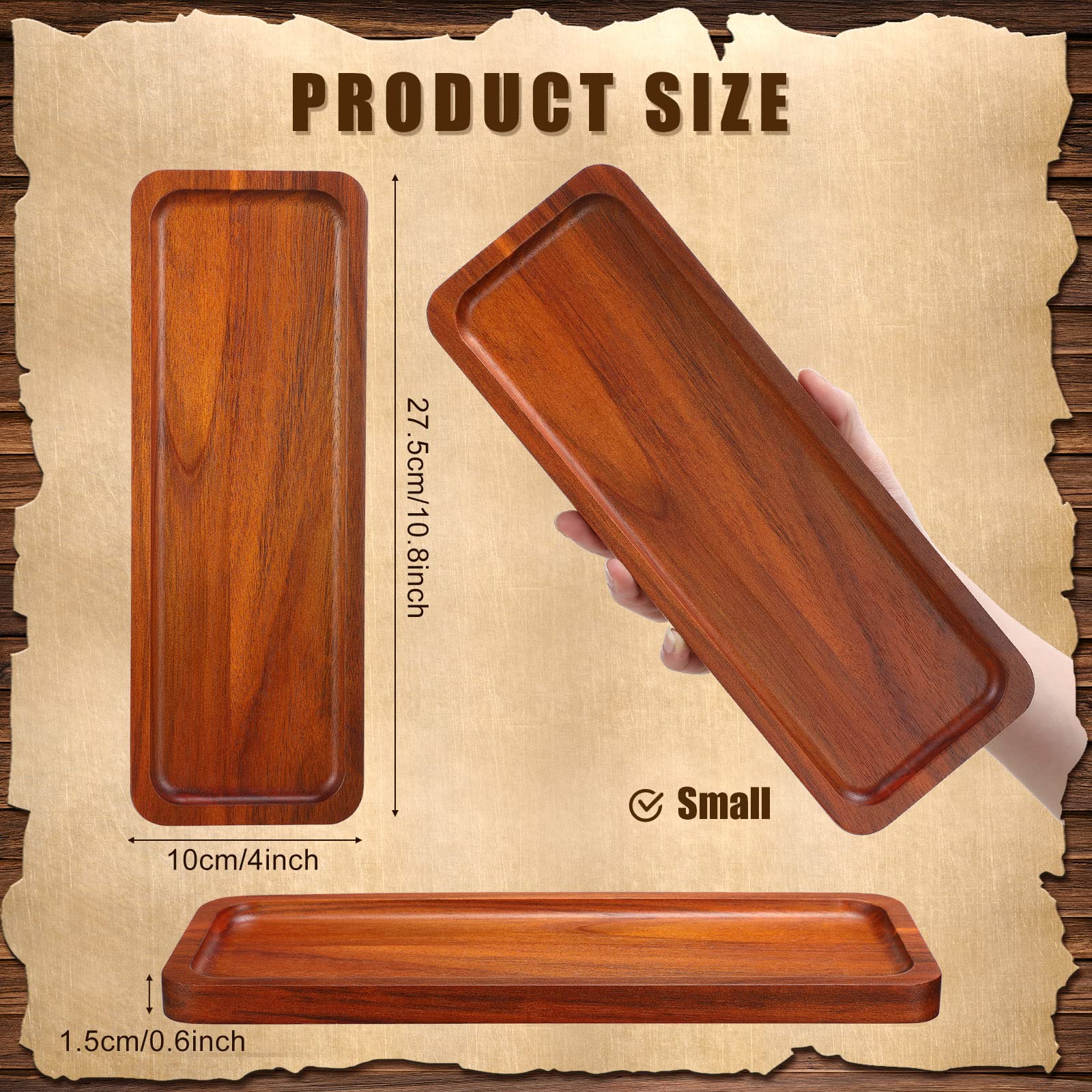 Skylety 15 Pack Solid Wood Serving Tray Large Acacia Party Server Platter Rectangular Charcuterie Board with Grooved Handle for Home Kitchen Cheese Appetizer Farmhouse Table Supplies (10.8 x 4 Inch)