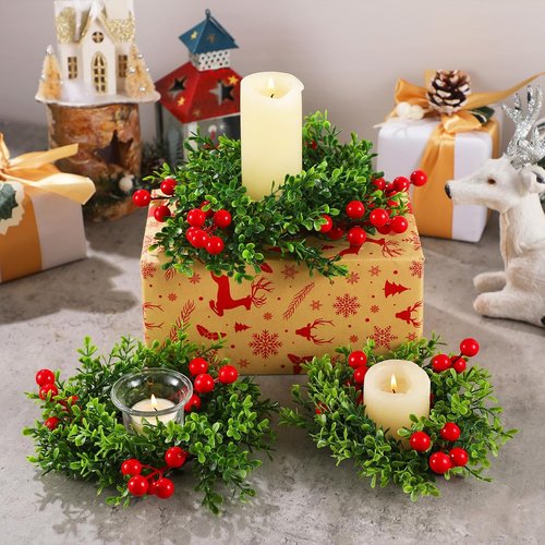 Daifunli Christmas Pillar Candle Rings - 8 Pcs 2-Inch Mini Artificial Boxwood Berry Wreaths for Holiday Decor