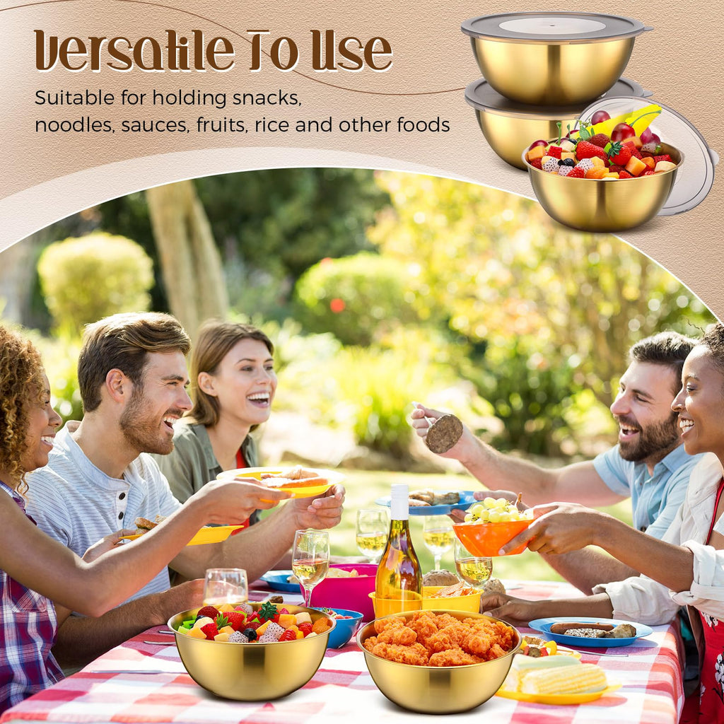 Nuogo 12 Pack 8.27 Inches Gold Stainless Steel Mixing Bowls with Airtight Lids Stackable Metal Serving Esthetician Facial Bowls for Salad, Fruit, Soup & Kitchen Prep
