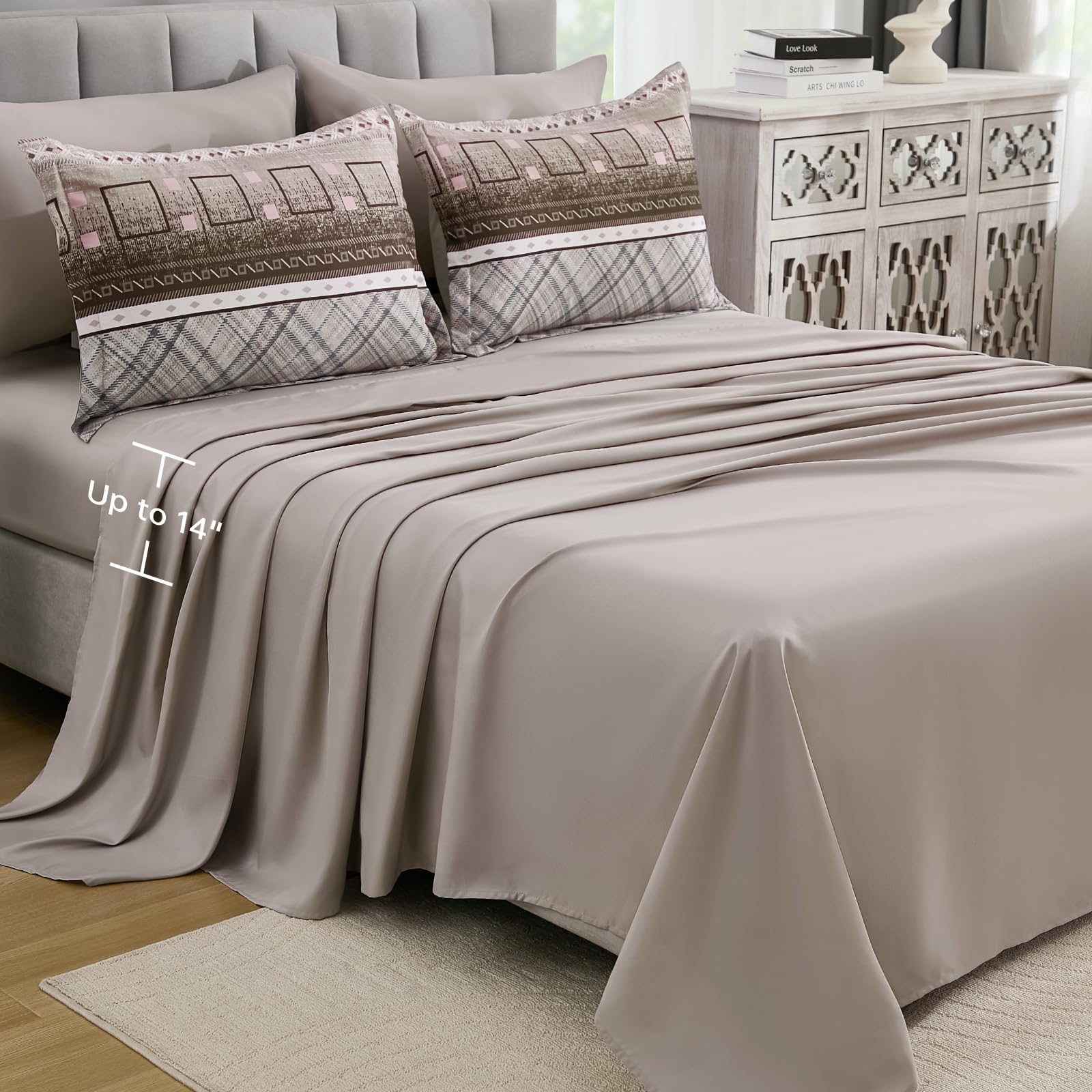 WONGS BEDDING Queen Size Comforter Set 8 Piece, Texture Striped Bed in a Bag Brown Comforter and Sheet Set, Boho Lightweight Microfiber Bedding Set for All Season (90"×90")