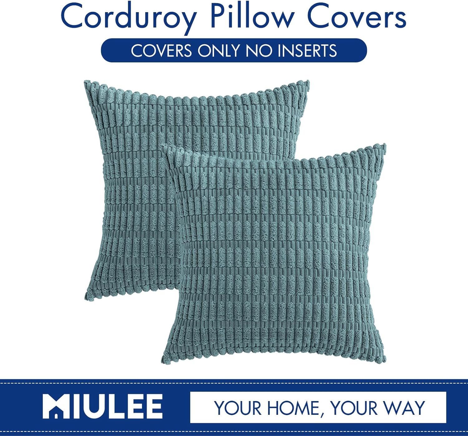 MIULEE Corduroy Throw Pillow Covers - Soft Boho Striped Design | 16x16 Inch Coastal Blue for Modern Home Decor