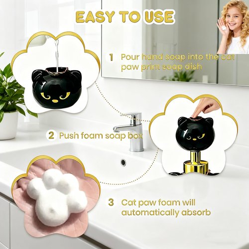 Cute Cat Paw Foam Soap Dispenser, Black Kitty Refillable Foaming Pump Bottle,Automatic soap Dispenser for Bathroom & Kitchen, Halloween & Holiday Home Decor