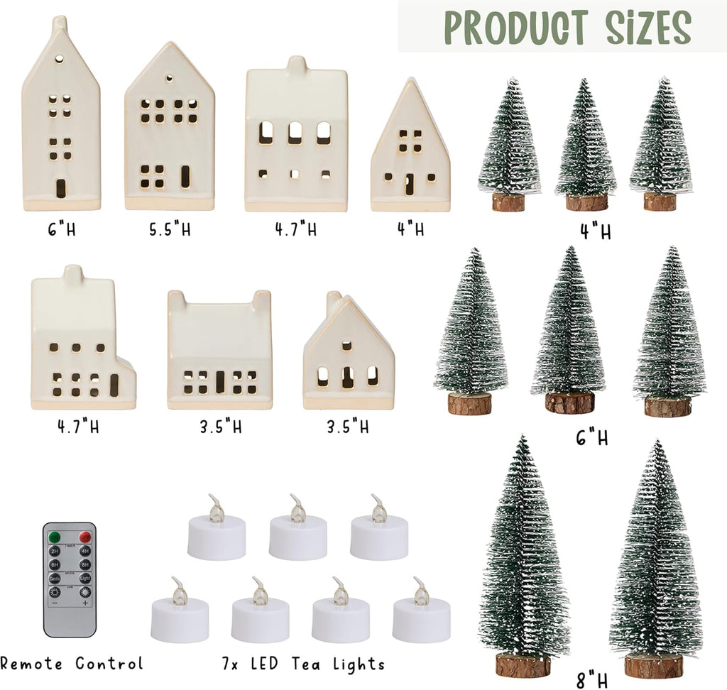 Skiennix 23 Pcs Christmas Village Set - 7 White Ceramic Houses with LED Tea Lights & Snow Trees | Festive Indoor Decor for Tabletop & Mantel