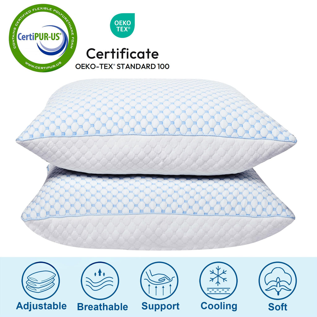 XWZO Cooling Pillow for Sleeping Queen Size Set of 1, Shredded Memory Foam Pillows Adjustable Gel Bed Pillows for Side Back Stomach Sleepers with Washable Removable Cover