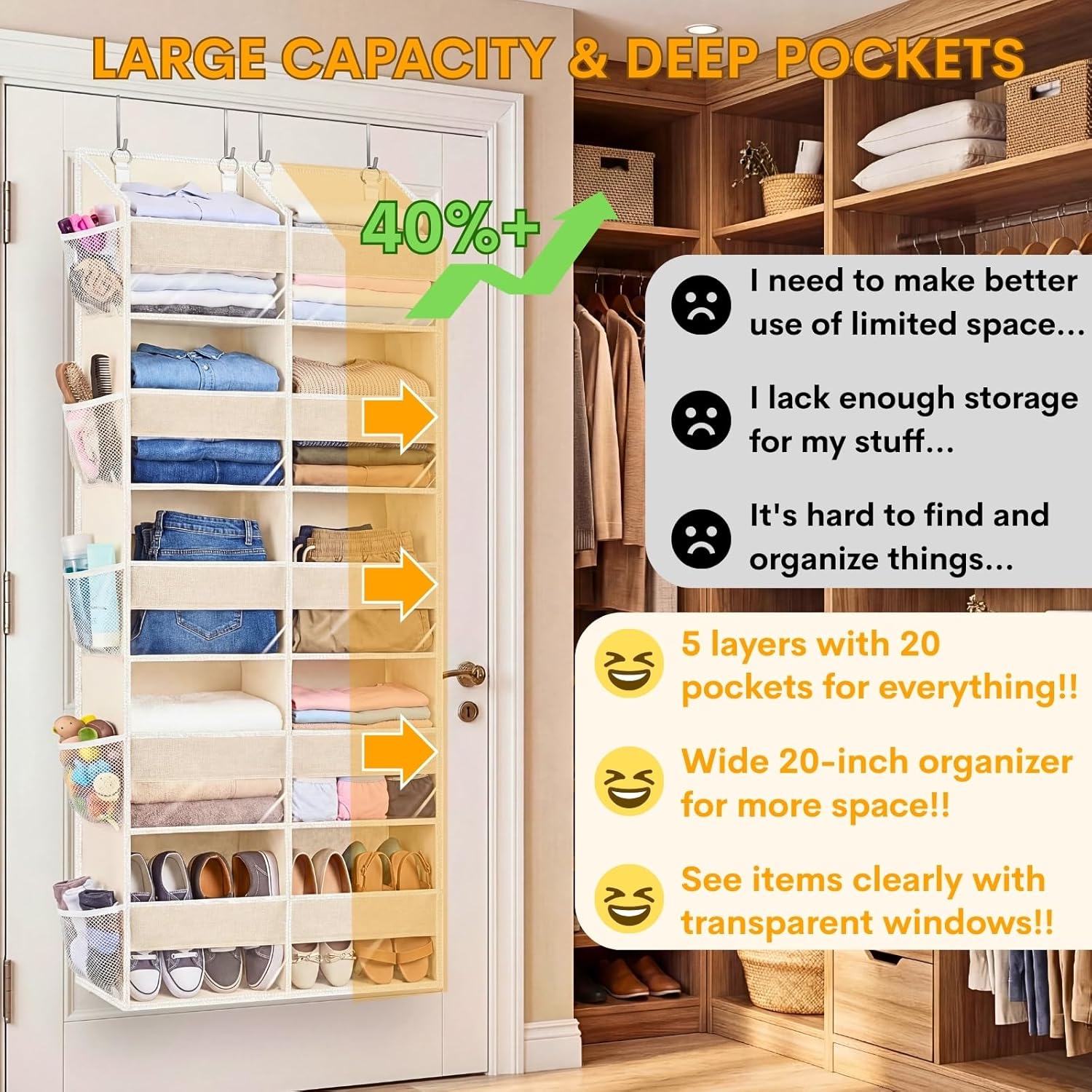 Ofiray Home Over The Door Organizer - Extra Large 5-Tier Storage with 10 Compartments | Beige, 80 lbs Capacity