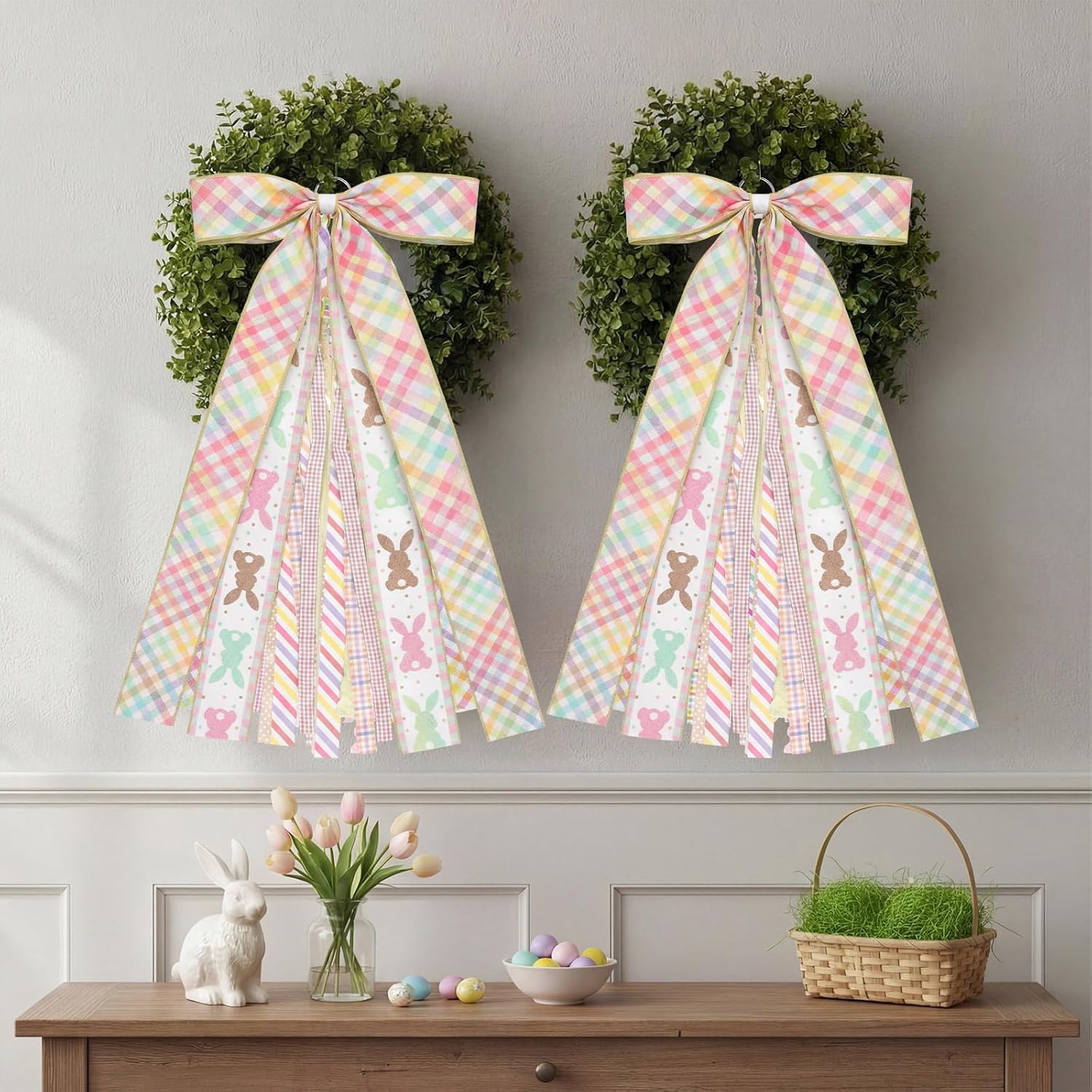 Suncalla Easter Ribbon Bows - Colorful Large Rabbit Decorations for Wreaths & Doors | 2 Pcs Set
