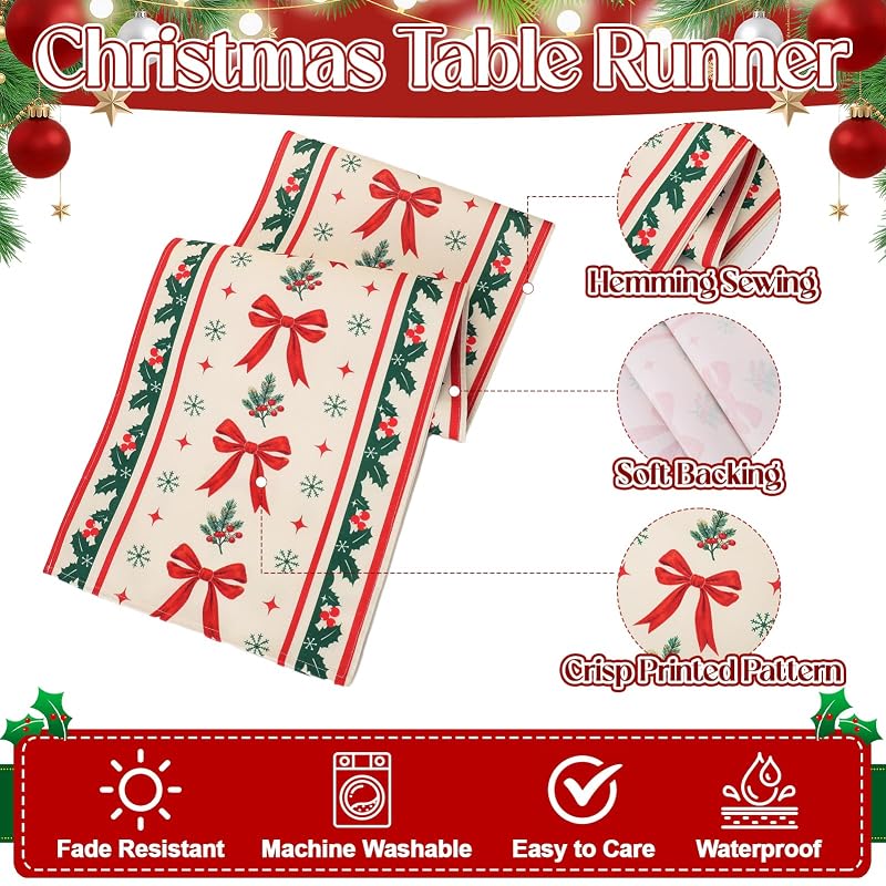 Red Bow Christmas Table Runner Decor