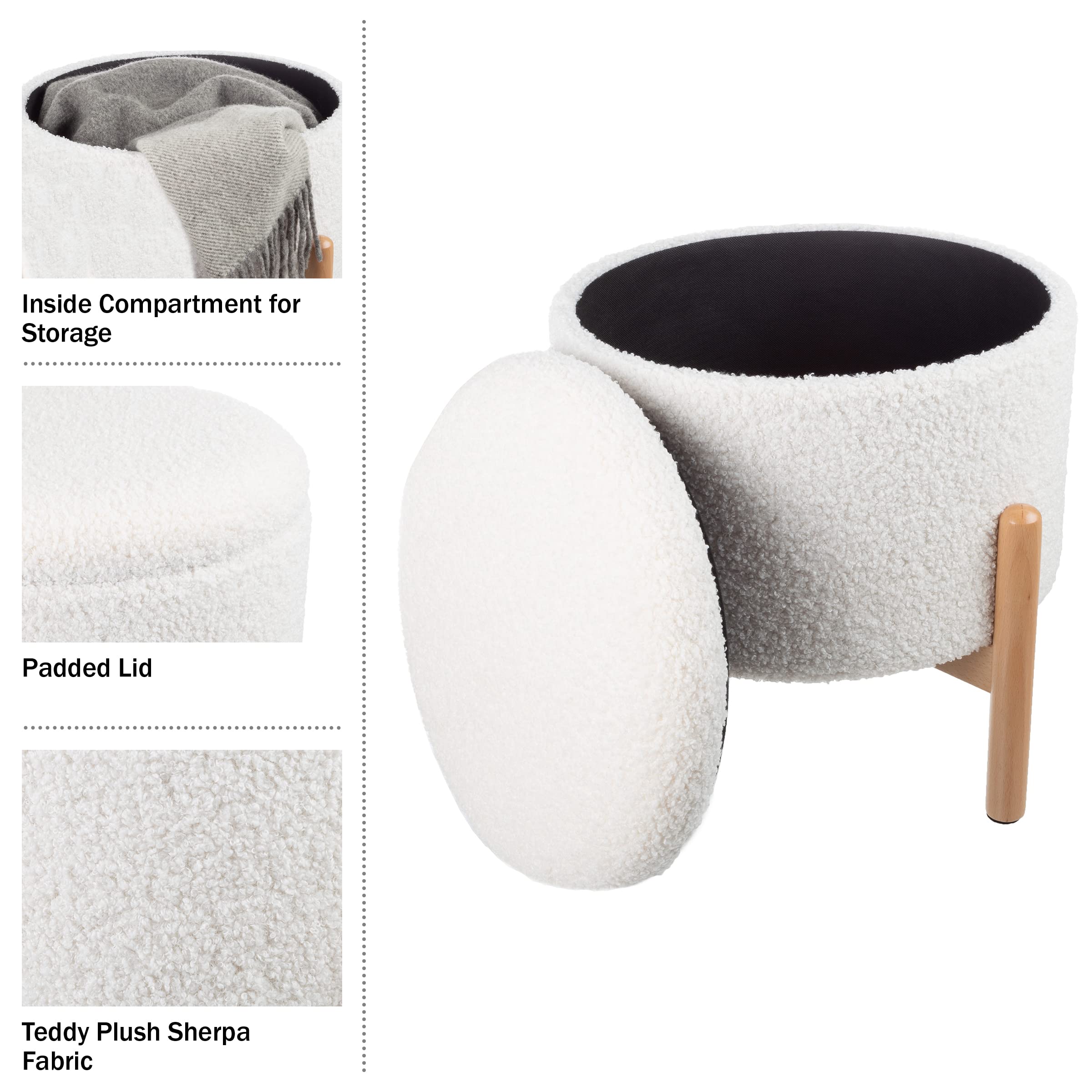 Round Sherpa Storage Ottoman Pouf with Removable Lid – Plush Couch Footrest & Hidden Organizer for Small Spaces, Dorm or Living Room by Lavish Home (White)