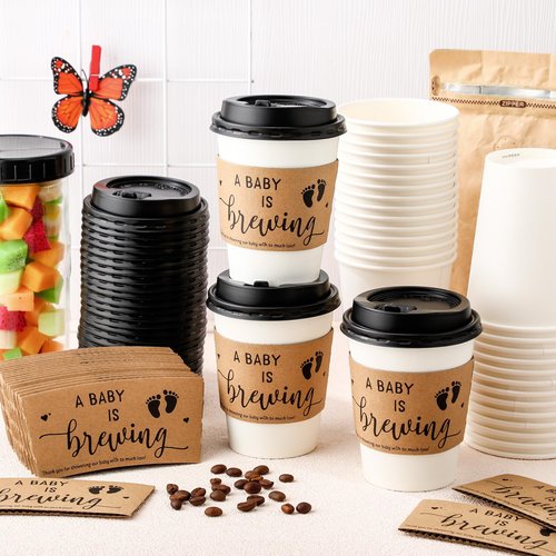Jingmore 50 Sets Baby Shower Coffee Party Favors for Guests A Babys is Brewing Coffee Cup with Lids Sleeves Disposable Paper Cup Tea Party Supplies for Hot Iced Juice or Tea (12 oz)
