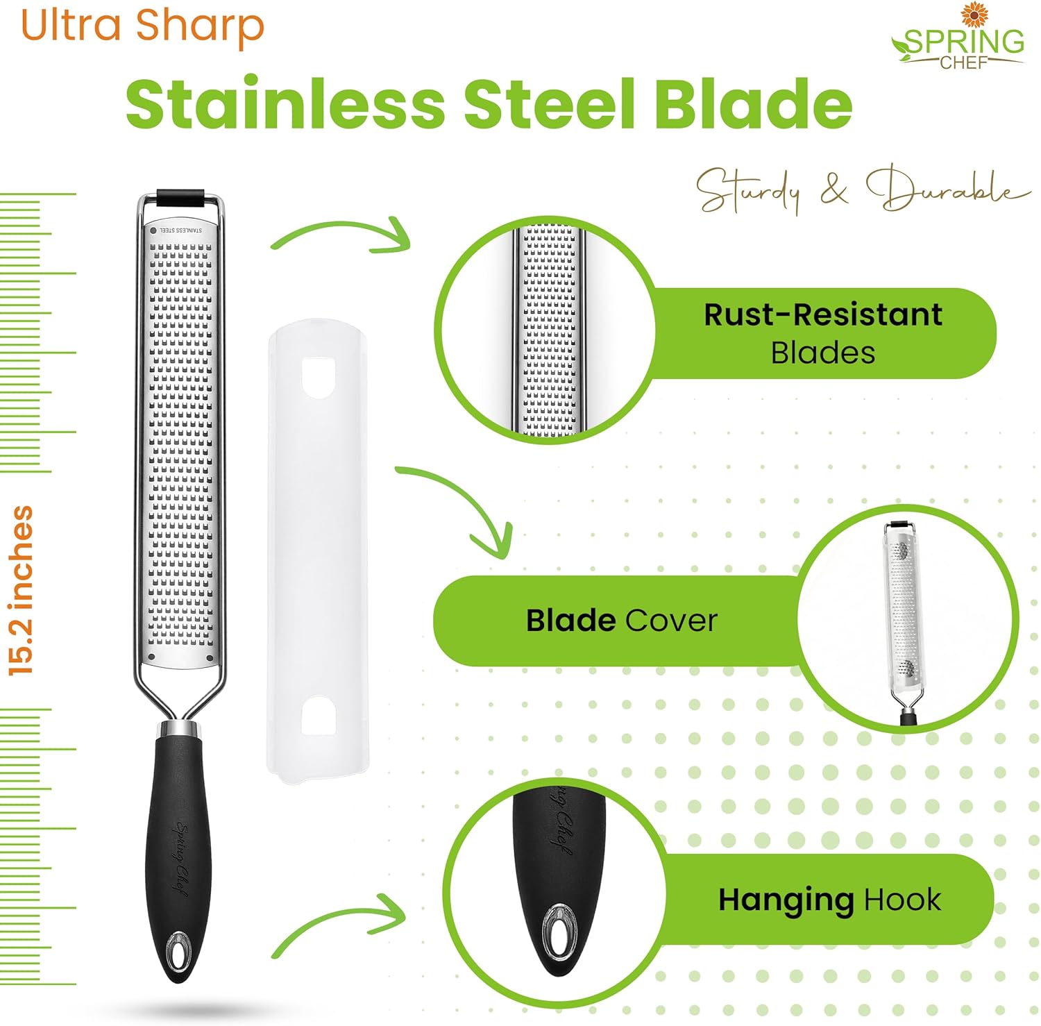 Spring Chef Stainless Steel Lemon Zester Grater - Heavy-Duty Kitchen Tool for Citrus, Cheese & More - Black