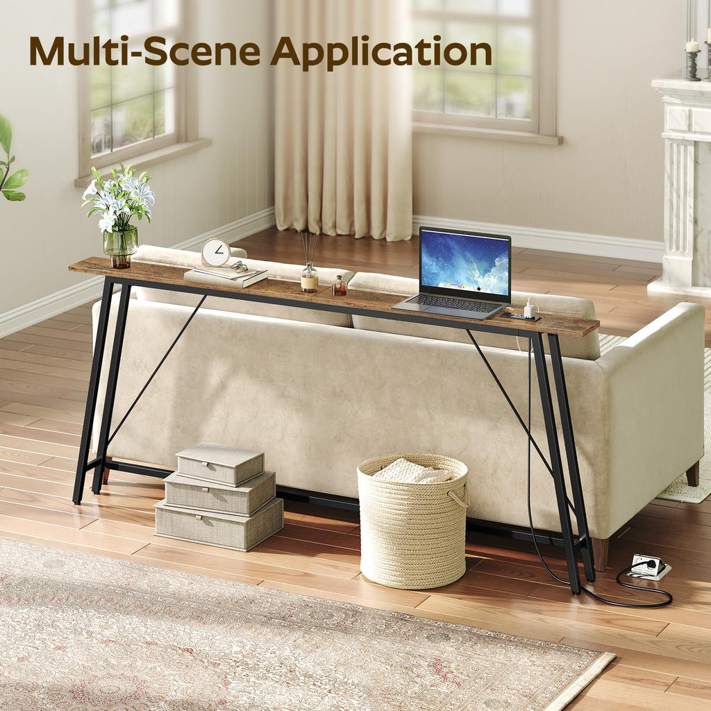 YATINEY 70.9" Couch Table Behind Sofa, Narrow Console Table with Outlet, Skinny Sofa Tables Narrow Long, Long Entryway Tables for Hallway, Entryway, Living Room, Rustic Brown and Black CT185UBR