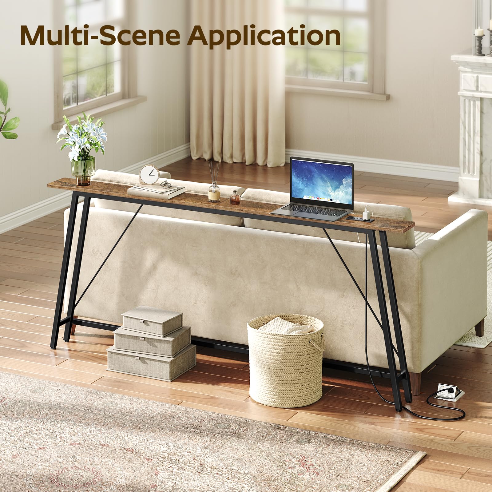 YATINEY 70.9" Couch Table Behind Sofa, Narrow Console Table with Outlet, Skinny Sofa Tables Narrow Long, Long Entryway Tables for Hallway, Entryway, Living Room, Rustic Brown and Black CT185UBR