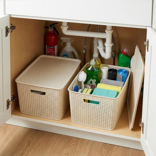 BINO Plastic Storage Baskets with Lids - 33 Liter | 3 Pack Natural | Woven Organizing Bins for Shelves