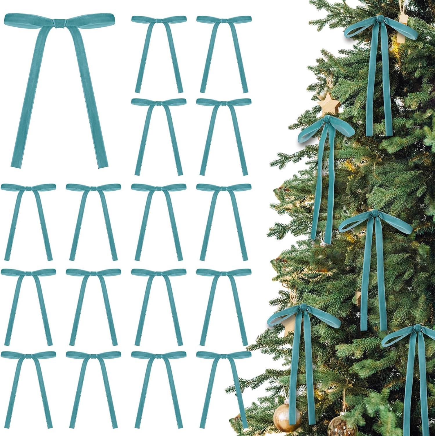 Skiennix Velvet Bows - 24 Pcs Vintage Ribbon for Christmas Tree & Crafts | Turquoise 5x7 Inch