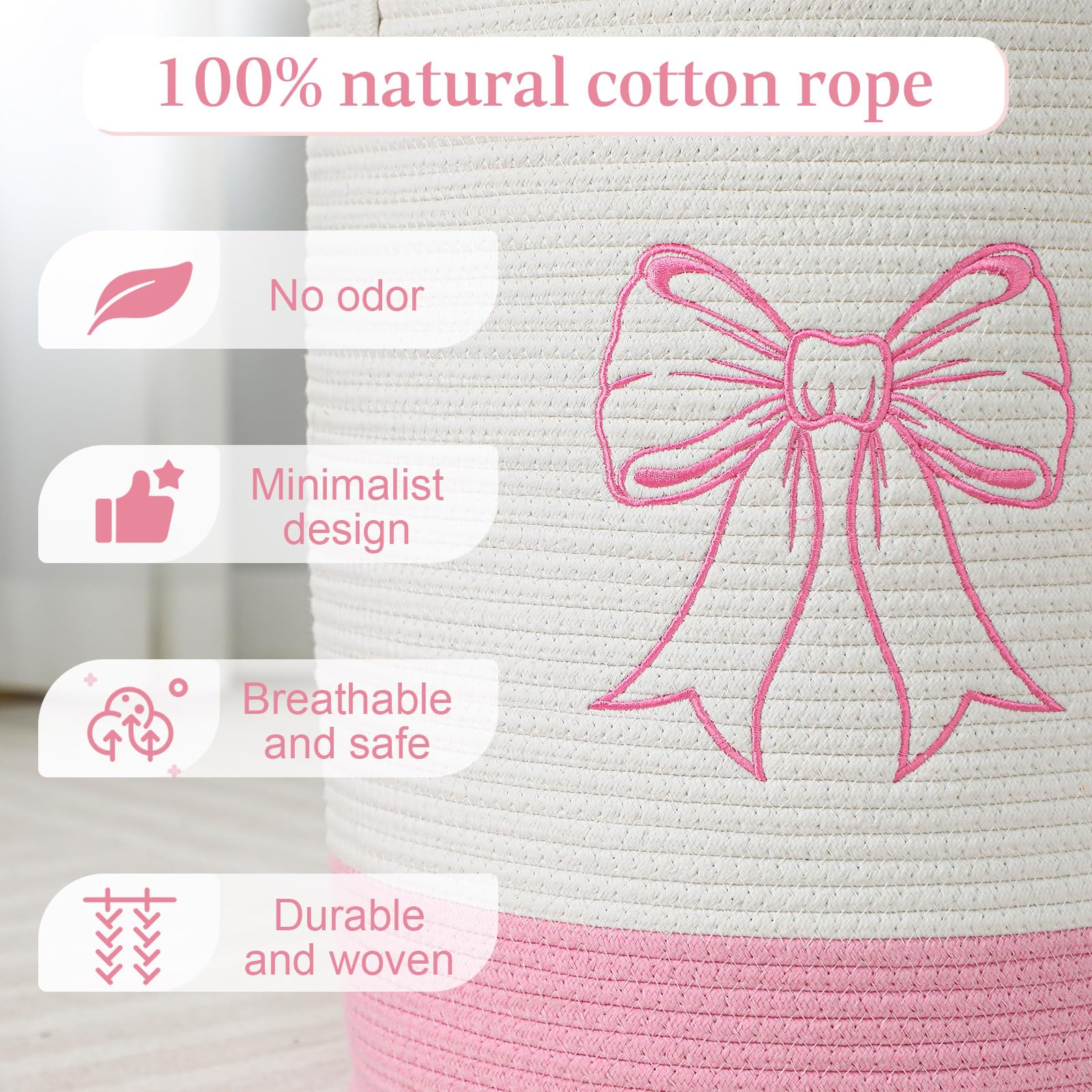Honeydak 15'' x 18'' Pink Bow Cotton Rope Laundry Basket Hamper Large Laundry Basket Hamper Coquette Bow Room Decor Girls Girly Nursery Storage Bin Tall Round Organizer Blanket Toys Clothes(Bowknot)