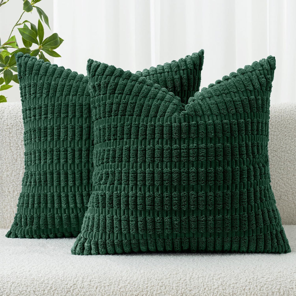 MIULEE Dark Green Corduroy Decorative Pillow Covers - Soft Boho Striped 18x18 Inch | Modern Farmhouse Decor