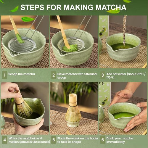Dayacoco Matcha Whisk Set - Complete 5-Piece Ceramic Kit with Bowl, Whisk, Bamboo Scoop & Sifter | Perfect Gift for Tea Lovers (Green)