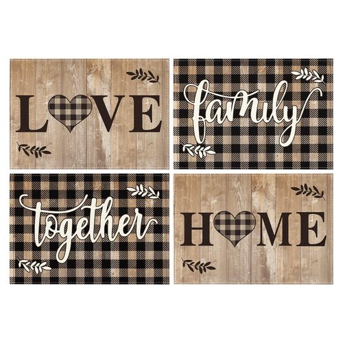 Artoid Mode Wood Love Family Home Together Buffalo Plaid Placemats Set of 4, 12x18 Inch Farmhouse Table Mats Party Kitchen Dining Decoration