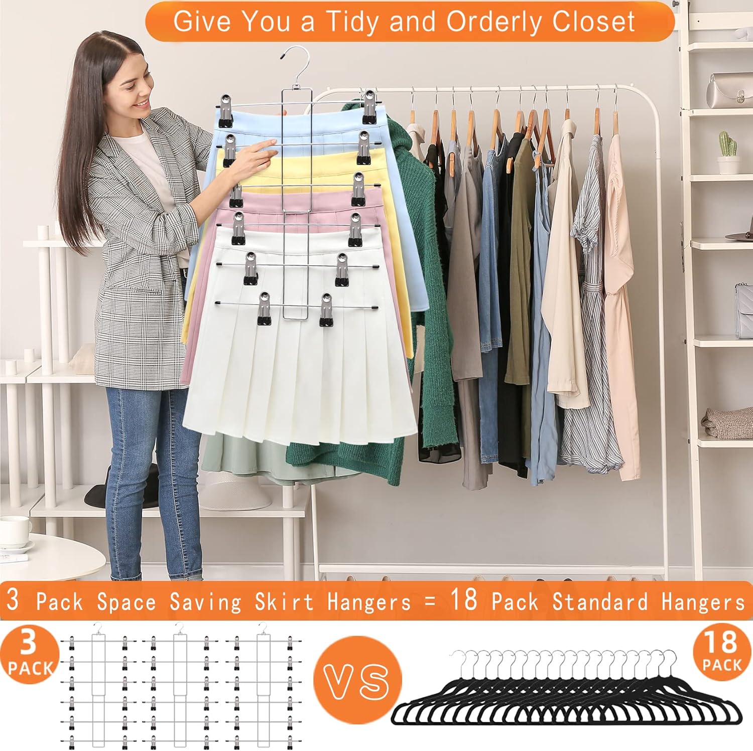 Skiennix 3-Pack Pants Hangers - Space-Saving 6-Tier Closet Organizers with Clips | Essential Storage for Jeans & Scarves