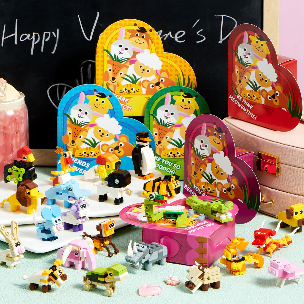 JOYIN 24 Packs Valentines Animal Building Blocks with Hearts Party Favors for Kids Valentine Classroom Prize, Classroom Gift Exchange School Rewards