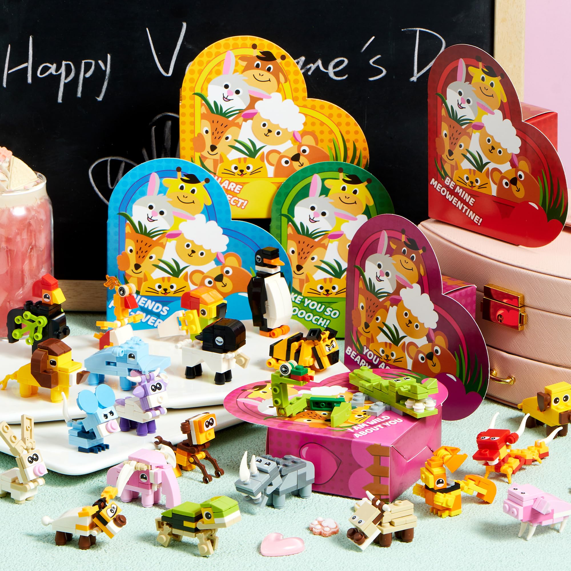 JOYIN 24 Packs Valentines Animal Building Blocks with Hearts Party Favors for Kids Valentine Classroom Prize, Classroom Gift Exchange School Rewards