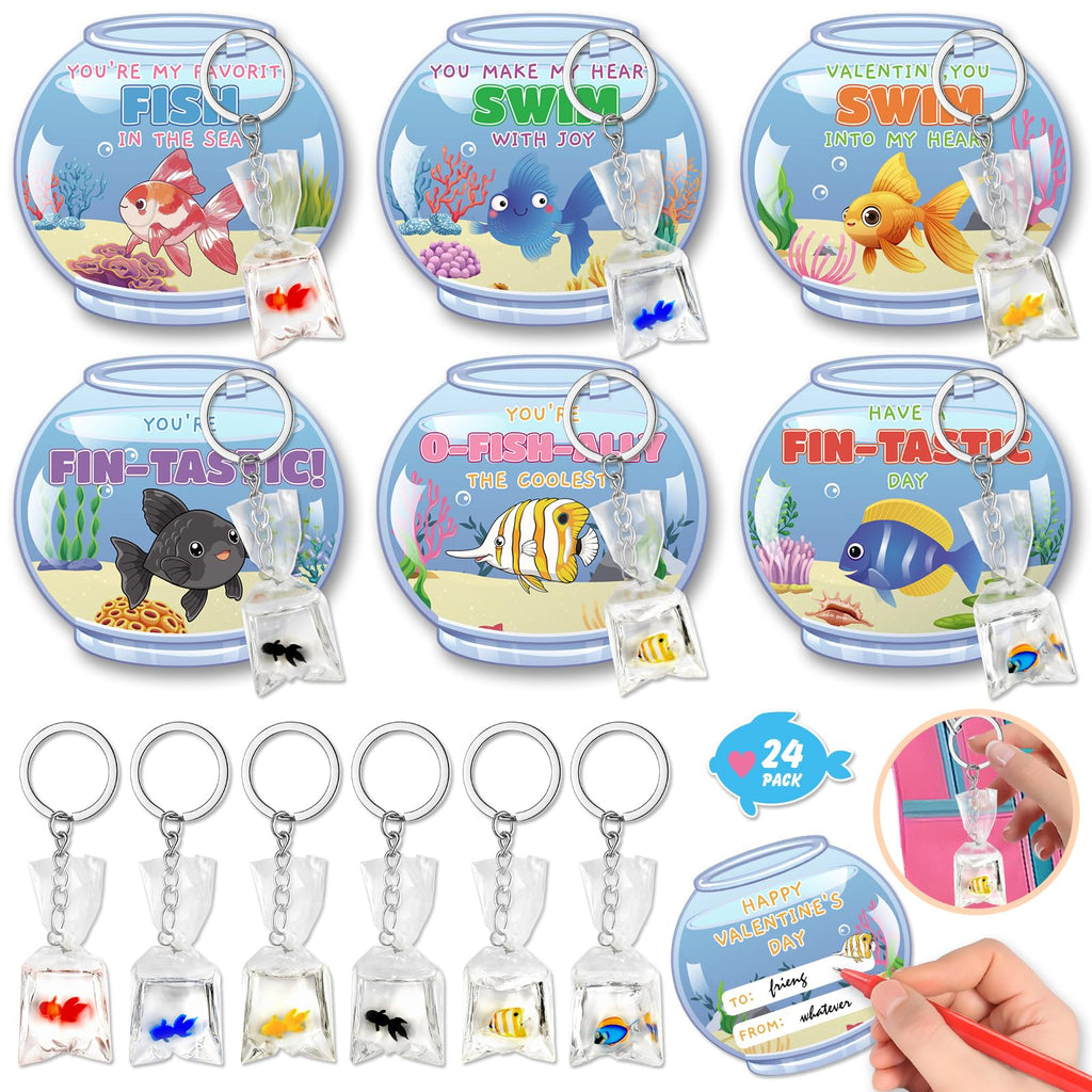 Valentines Day Cards for Kids School, 24 Pack Valentine's Day Gifts for Kids with Resin Fish Charms Classroom Exchange Gifts, 3D Fish Water Bag Charms Valentine Party Favors Prizes for Boys & Girls