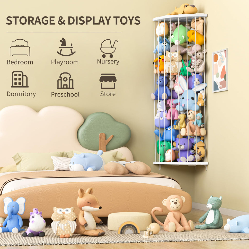 Stuffed Animal Storage Wood Corner Plush Toys Holder with Star Pattern, Length Adjustable Large Hanging Stuffed Animal Toy Organizer Shelf for Nursery Play Room Bedroom Kids Room Furniture