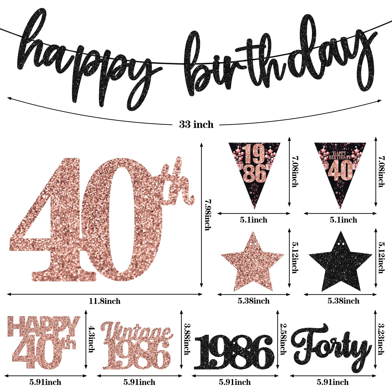 12PCS 40th Birthday Decorations for Women, Rose Gold Vintage 1986 Happy 40th Birthday Banner Triangle Flag Banner Glitter Hanging Swirls Party Supplies, Cheers to 40 Years Old Bday Decor