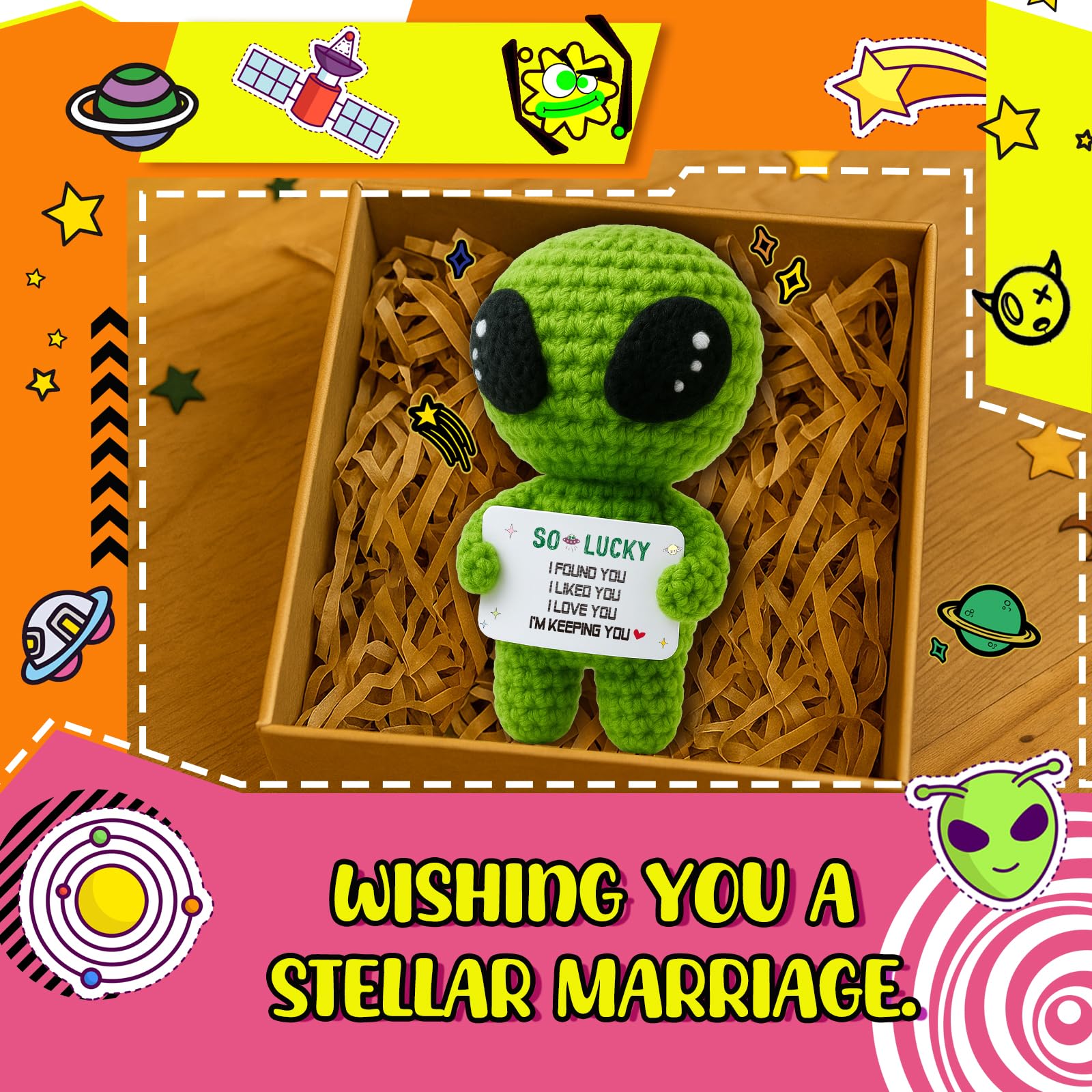 MAMAGIFTREE I Love You Wedding Anniversary Present for Him Boyfriend Husband Fiance Wife Her with Small Card, Valentines Day Gifts Women Men - Romantic Theme Crochet Alien Decor