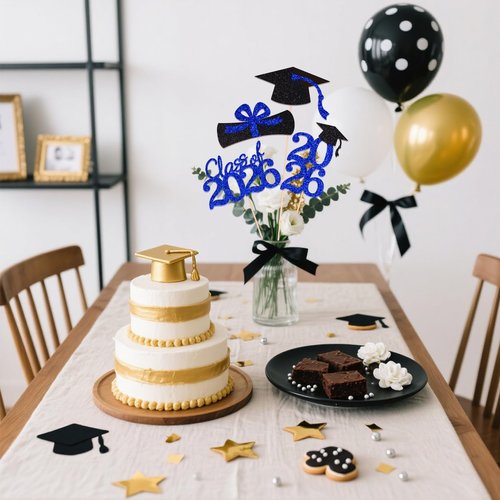 Double-sided 16 PCS Graduation Cake Toppers – Blue Class of 2026 Centerpieces Picks for Graduation Theme Party Decorations Supply