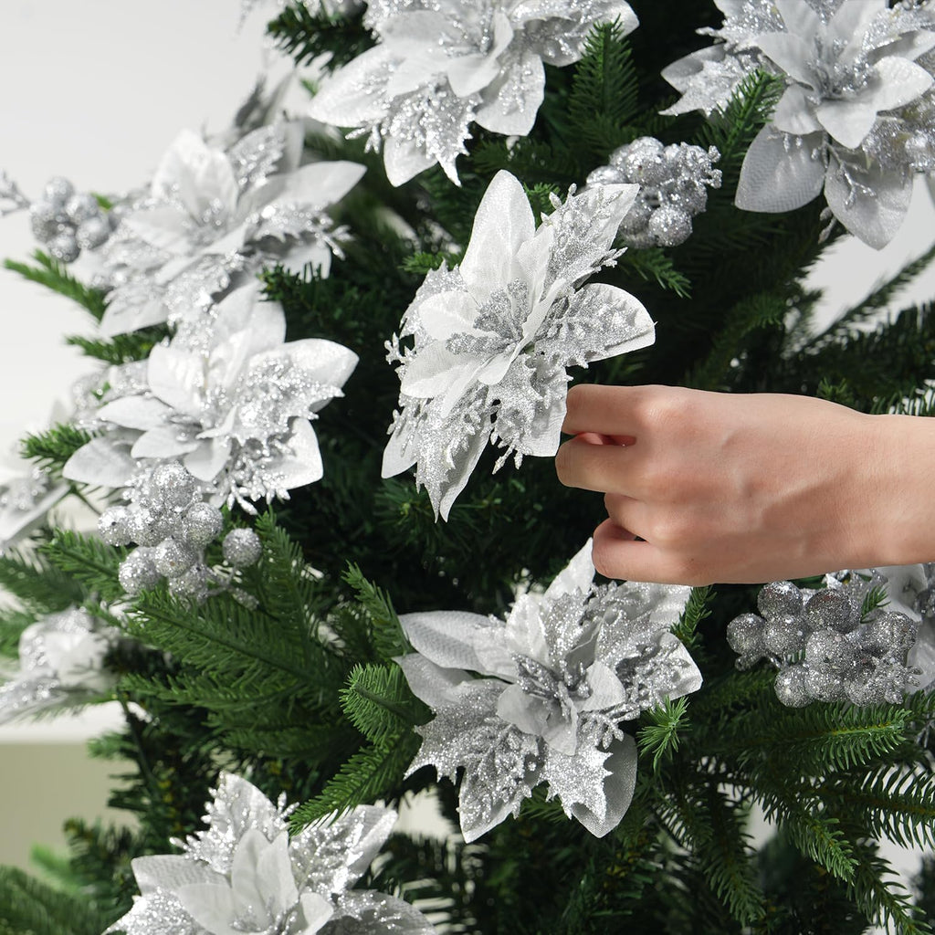 Trytuny Glitter Poinsettia Christmas Ornaments - 50pcs Artificial Flowers with Clips for DIY Wreaths | Silver